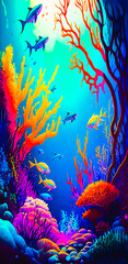 Fototapeta na wymiar Abstract vibrant colorful underwater coral fish portrait wallpaper - generative AI