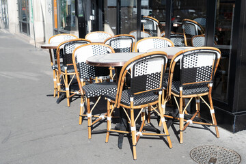 view of romantic Monmartre cafe tables close up, Paris, France