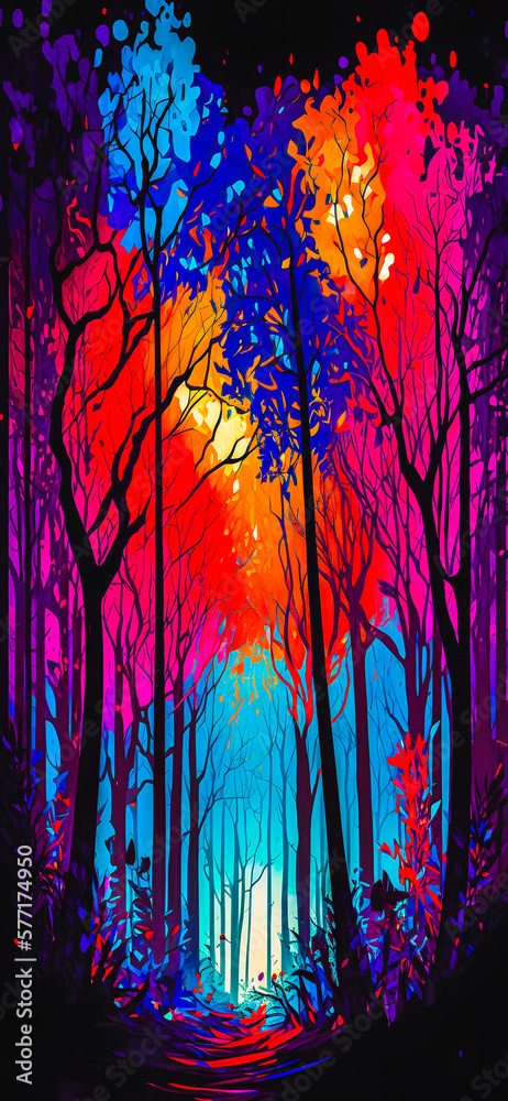 Wall mural abstract vibrant colorful forest path portrait wallpaper - generative ai