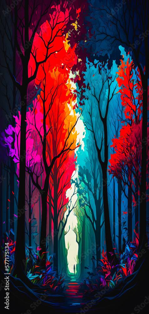 Wall mural abstract vibrant colorful forest path portrait wallpaper - generative ai