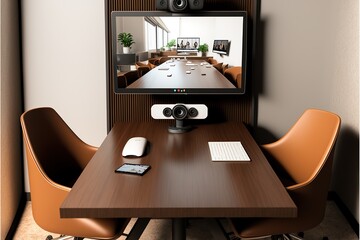 table with small video conferencing setup, concept of Video Collaboration, created with Generative AI technology