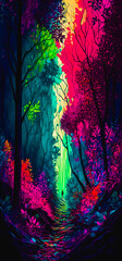 Fototapeta na wymiar Abstract vibrant colorful forest path portrait wallpaper - generative AI
