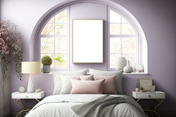 Vertikales Mockup in einem Schlafzimmer. Leeres Bild über dem Bett in einem hellen, weißen Raum am Tag. Generativ KI
