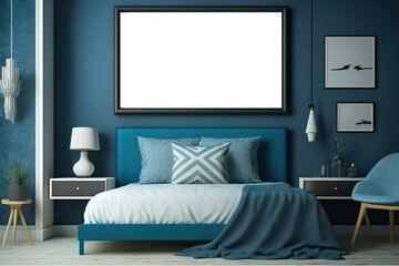 Fototapeta premium Mockup mit horizontalen Bilderrahmen im blauen Schlafzimmer als Hintergrund. Ideal als Präsentation für Produkte wie Poster, Gemälde, Leinwände oder Wandbilder. Leerer Rahmen für Fotos - KI generiert
