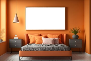 Mockup with horizontal picture frames in the bedroom as background. Ideal as a presentation for products such as posters, paintings, canvases or murals. Empty frame for photos orange - AI generated