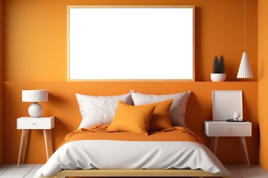 Mockup with horizontal picture frames in the bedroom as background. Ideal as a presentation for products such as posters, paintings, canvases or murals. Empty frame for photos orange - AI generated