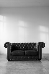 Leather sofa in baroque style against a white wall with sunlight. Shadows on the wall