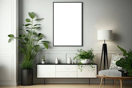 Mockup mit vertikalen Bilderrahmen im Wohnzimmer als Hintergrund. Ideal als Präsentation für Produkte wie Poster, Gemälde, Leinwände oder Wandbilder. Leerer Rahmen für Fotos - KI generiert