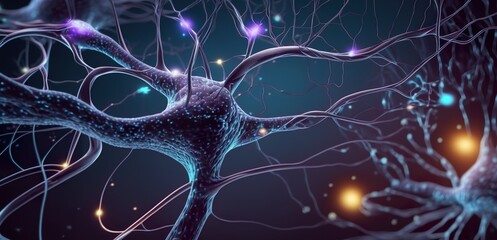 Nervenzellen im Verbund als 3d Illustration - Gehirnzellen und Neuronen - Synapsen Neurologie im Gehirn. Nervenbahnen Simulation einer KI. Abbildung für Nervenkrankheiten und Nervenschäden. - obrazy, fototapety, plakaty