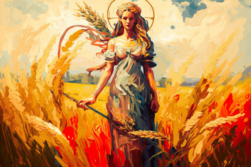 Goddess of Fertility and Harvest Amidst Nature - Demeter's Image AI generative - obrazy, fototapety, plakaty
