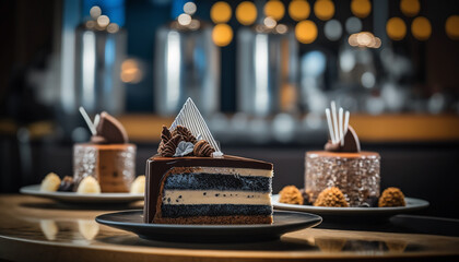 buffet with sweets cakes and pastries in a restaurant at sunset .Generative AI