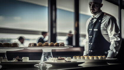 restaurant worker waiter service staff serving snacks sweet desserts on the buffet table 