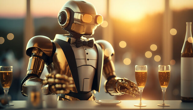 The future of humanity .robot waiter buffet restaurant worker with snack food and champagne .Generative AI