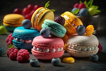 many beautiful macaroons made from meringue with cream and berries, created with generative ai