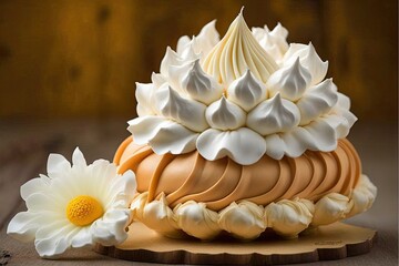 Obraz na płótnie Canvas fragrant dessert meringue in shape of flower for spring holiday, created with generative ai