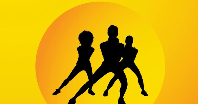 Animation of women exercising silhouette on yellow background
