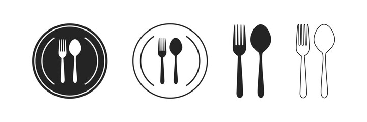 Set of fork, knife, spoon. Logotype menu. Set in flat style. Silhouette of cutlery. Vector