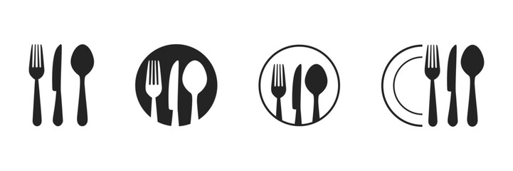 Set of fork, knife, spoon. Logotype menu. Set in flat style. Silhouette of cutlery. Vector
