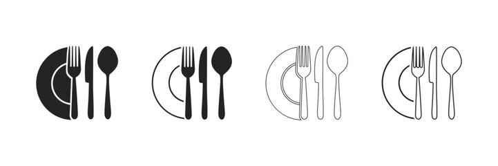 Set of fork, knife, spoon. Logotype menu. Set in flat style. Silhouette of cutlery. Vector