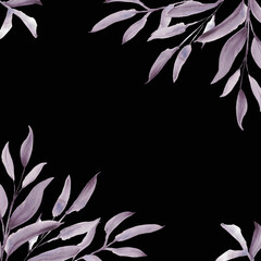 Frame. Watercolor purple leaves. A set elements on a white background. Tree leaf and branch.