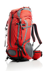 Isolated on white - red hiking backpack. AI generative