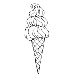 Linear sketch, doodles of summer dessert, ice cream in a waffle cup.Vector graphics.