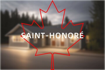 Saint-Honoré: Der Name der kanadischen Stadt Saint-Honoré in der Provinz Quebec vor einem Foto mit dem kanadischen Ahornblatt