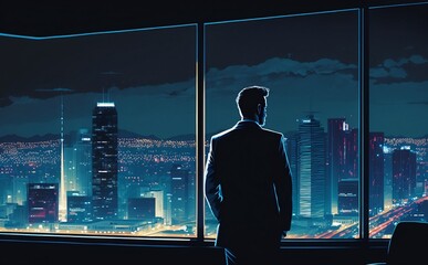 A businessman in front of large windows in flat, looking Las Vegas city by night