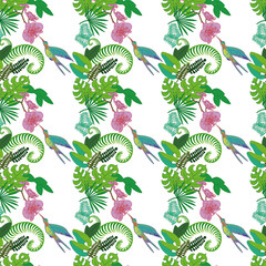 Seamless tropical pattern with tropical plants and hummingbirds on transparent background