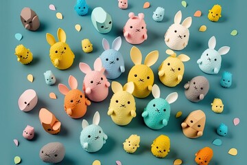 Obraz premium Little Bunnies toys on isolated Background with many eggs. Happy Easter day. Funny Cute fluffy rabbit toy, Symbol of easter day festival. Generative AI