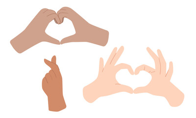 Vector de manos haciendo formas de corazones. Amor y paz. Concepto de cariño y amor. Amistad y familia.