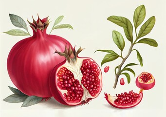 Punica Granatum Botanical Illustration, Pomegranate Flowers Fruits Painting, Abstract Generative AI Illustration