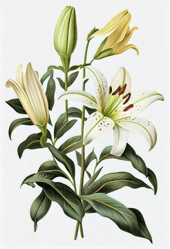 Lilly Flower Botanical Illustration, Lily Flowers Realistic Painting, Abstract Generative AI Illustration
