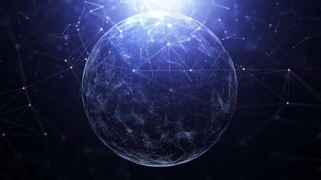 Dark blue shiny digital artificial intelligence technology lines and sphere motion background.