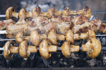Beautiful delicious mushrooms and grilled meat. Vacation food