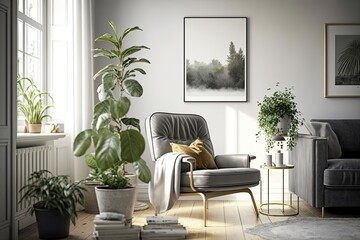 Scandinavian style living room interior, with house plants, and a recliner. White walls background. Generative AI