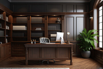 Large office with wooden bookshelf covered walls, and large wooden desk and house plant. Generative AI