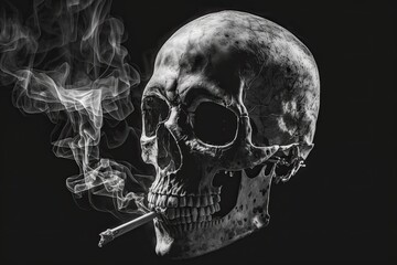 Skull head smoking a cigarette on black background. Generative AI
