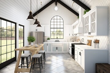 Bright, spacious and modern farmhouse style kitchen. Generative AI - obrazy, fototapety, plakaty