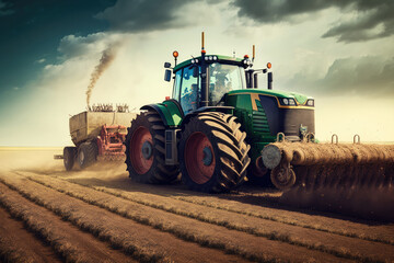Tractor plowing the field, preparing soil for sowing seeds in sunset. Generative AI