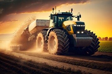 Fototapeta premium Tractor plowing the field, preparing soil for sowing seeds in sunset. Generative AI