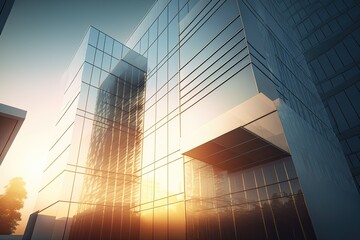 Contemporary high rise office building with a glass facade in morning sun. Rise and shine. Generative AI - obrazy, fototapety, plakaty