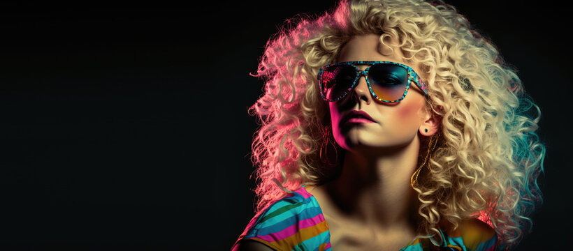 Young 1970s girl with long blonde curly hair in colorful light wearing big retro sunglasses, black background with copy space, generative AI