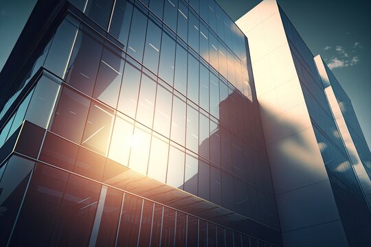 Contemporary high rise office building with a glass facade in morning sun. Rise and shine. Generative AI