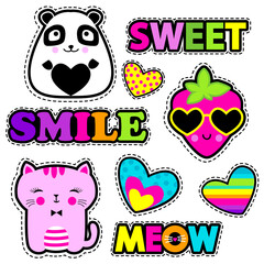 Set of cute stickers and different elements with watermelon, strawberry, panda, cat, heart and words. Girlish stickers in bright colors on white background. Fashion patch, badges in cartoon style.