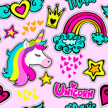 Fashion patch badges in sketch comics style. Abstract seamless pattern. Stickers hearts, crown, rainbow, stars, unicorn on pink background.