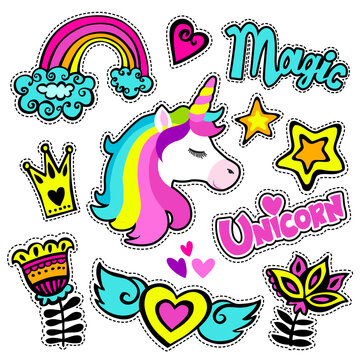 Set of cute stickers and different elements with  hearts, crown, rainbow, stars, unicorn. Fashion patch, badges in cartoon style.