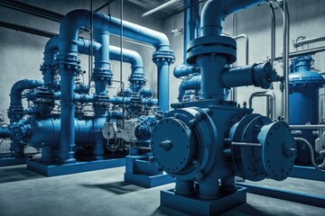 Naklejka na ściany i meble Industrial pump room in a power plant, blue colored pumps, valves and pipes. Generative AI