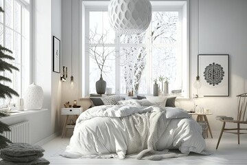 White bedroom interior. Scandinavian design. Bed and sheets. Generative AI