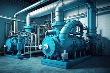 Industrial pump room in a power plant, blue colored pumps, valves and pipes. Generative AI